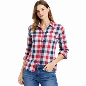 USPA plaid red white blue button down shirt with collar XS